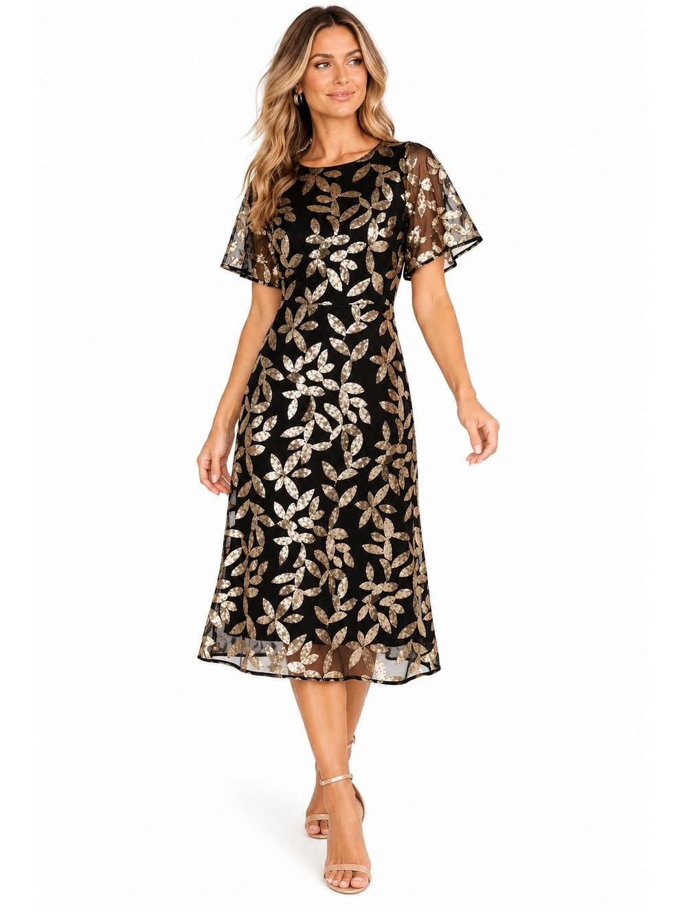 NWT Baltic Born Deanna Sequin Midi Dress Black Gold Size Small